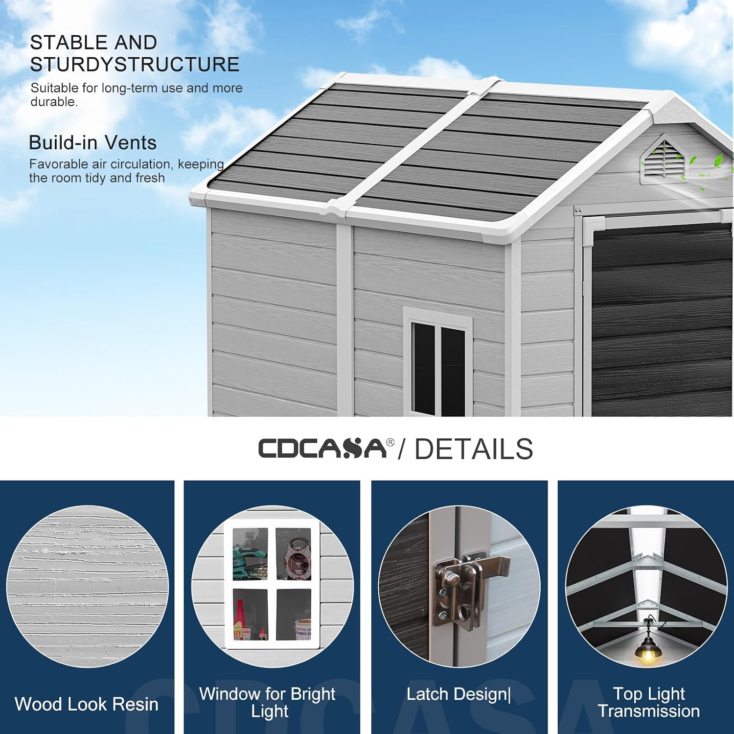 CDCASA 6x4 FT Outdoor Resin Storage Shed with Floor & Lockable Door & Window & Vents Included, Waterproof Outside Plastic Sheds for Backyard, Patio, Poolside, Lawn, Gray