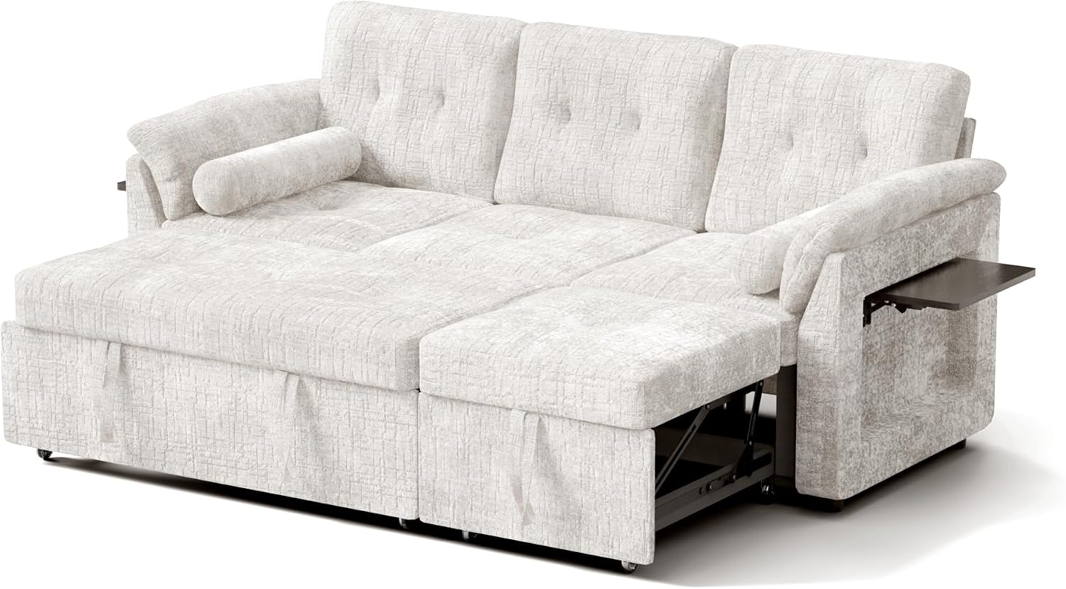 Convertible Sleeper Sofa Bed, 63 Inch Chenille Pull Out Couch with Side Table & Adjustable Backrest, Sectional Sleeper Sofa with Pull Out Bed for Living Room, Apartment, Beige