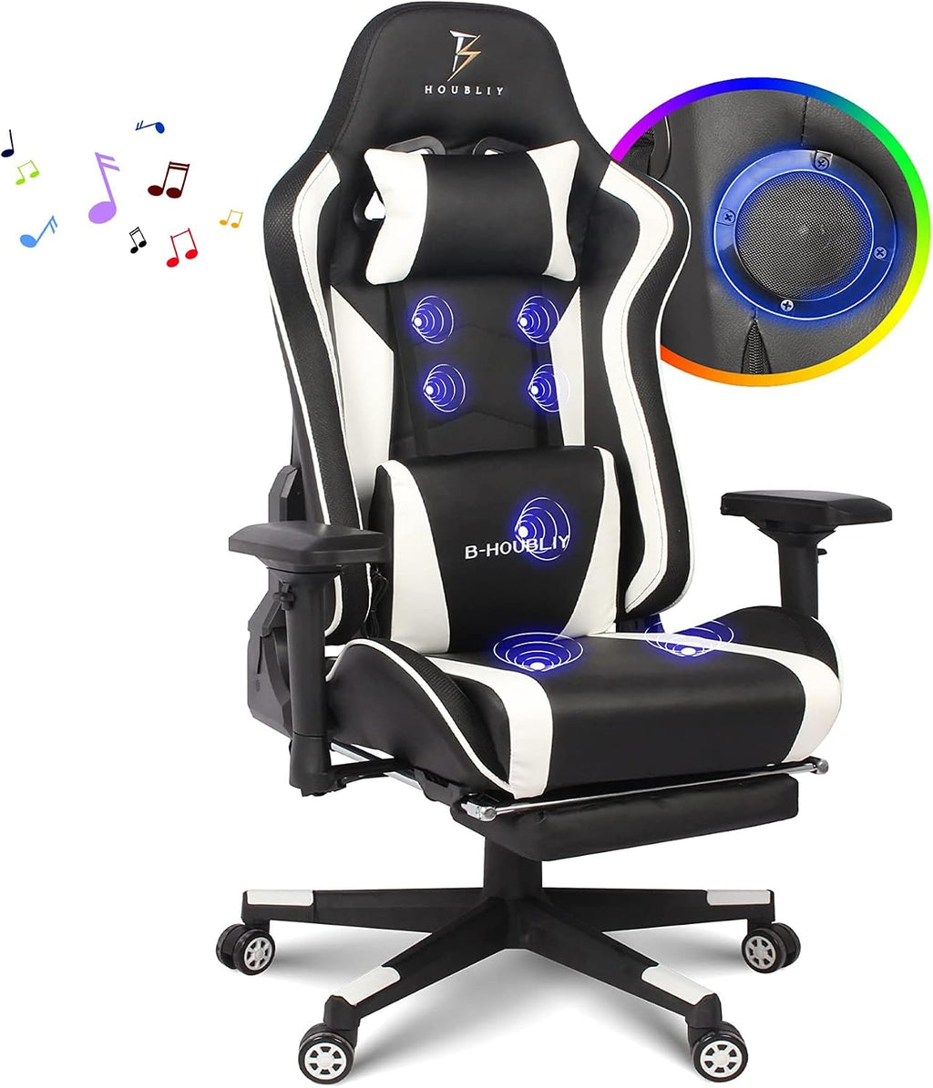Gaming Chair with Footrest,4d Armrest Ergonomic Office Chair,90-180° Adjustable Backrest High Back Gamer Chair for Adults with Seven Point Massage Game Chair with Speakers,White