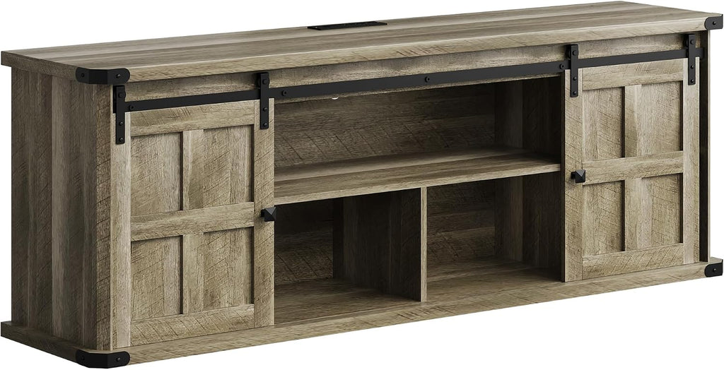 Garvee 70 in TV Stand for 75 in TVs, Farmhouse Entertainment Center and Media Furniture with Sliding Barn Doors & Storage Cabinets, Mid Century Modern TV Console Table for Living Room Bedroom