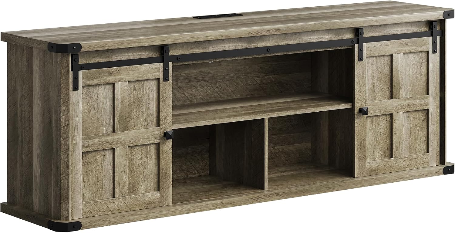 Garvee 70 in TV Stand for 75 in TVs, Farmhouse Entertainment Center and Media Furniture with Sliding Barn Doors & Storage Cabinets, Mid Century Modern TV Console Table for Living Room Bedroom