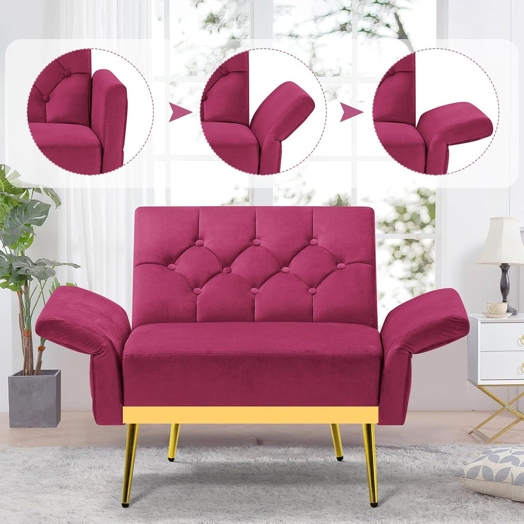 2 Pieces Velvet Sofa Set w/Adjustable Armrests and Backrests, Tufted Accent Chair w/Ottoman, Convertible Futon Sofa Bed for Bedroom, Living Room, Apartment, Fuchsia