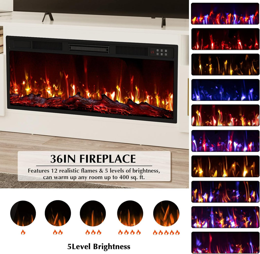 Lemberi Fireplace TV Stand with 36' Electric Fireplace, Fits TVs Up to 80', 70' LED Lit Entertainment Center, Modern High Gloss Wood with Spacious Storage Cabinet for Living Room, White