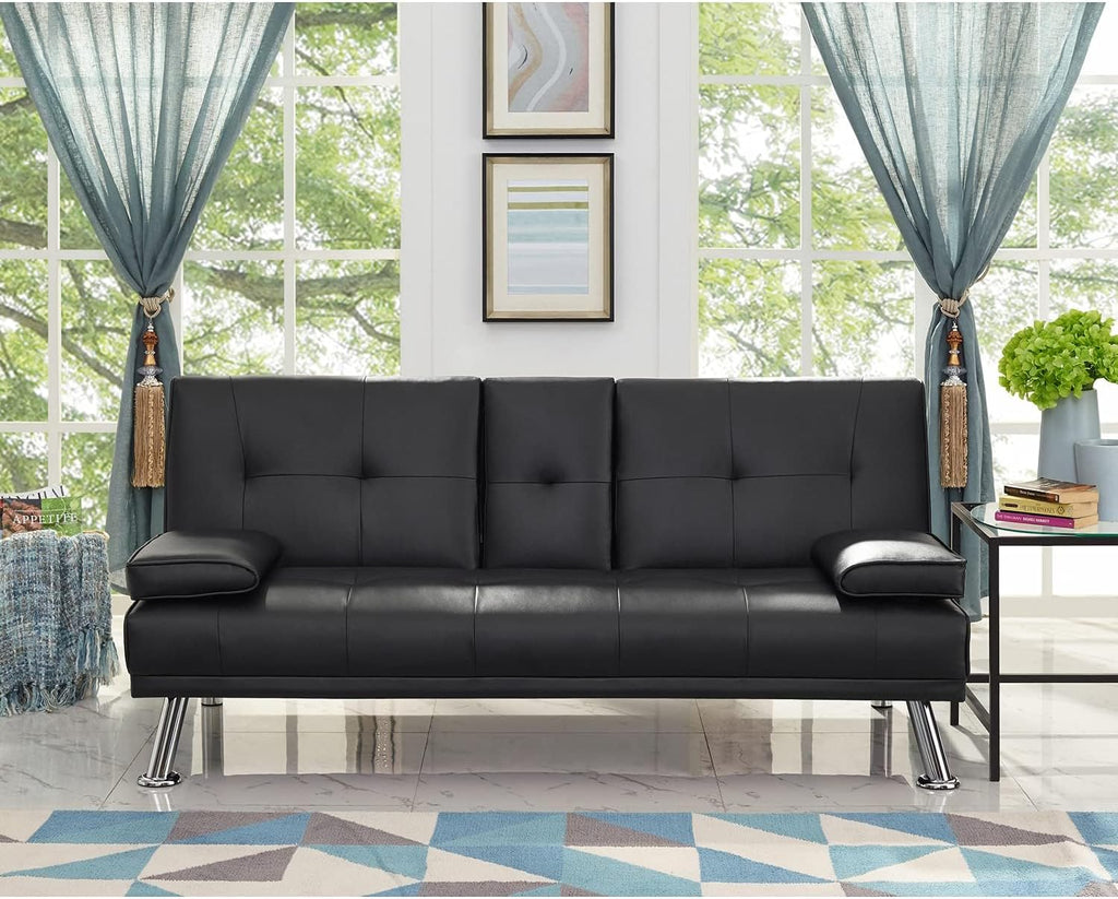 Naomi Home Low Profile Design: Convertible Folding Futon Sofa Bed Sleeper Couch for Living Room Faux Leather Upholstered Futon Sofa with Armrests, Metal Legs, 2 Cup Holders, Black