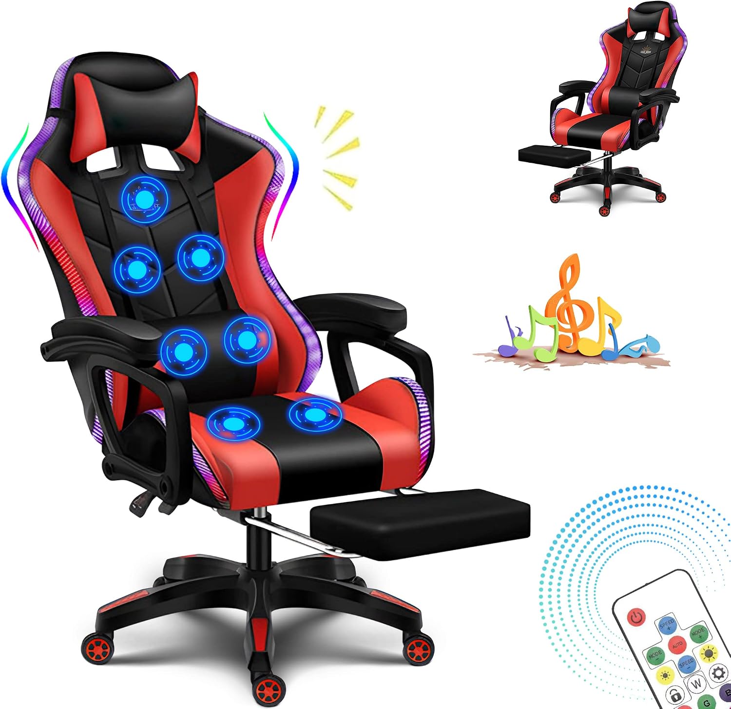 X Rocker Gaming Chair Gaming Chair with RGB Lighting and Speakers, Ergonomic Gaming Chair with footrest and 7-Point Massage Function, 150° tiltable Office Chair Gaming Chair for Adults,Red