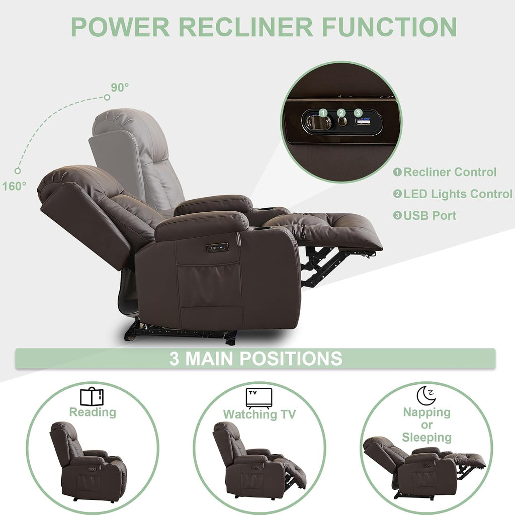 TUNYI Power Recliner Sofa with Massage & Heat Home Theater Seating with Console RV Recliner Sofa with USB/Storage/Side Pocket/LED Light/Speaker (Brown, 1PC)