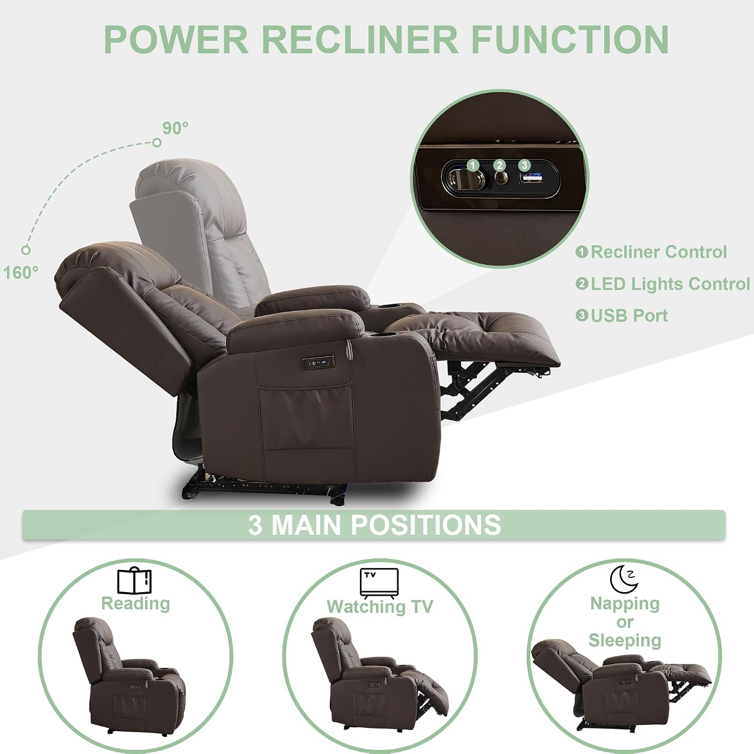 TUNYI Power Recliner Sofa with Massage & Heat Home Theater Seating with Console RV Recliner Sofa with USB/Storage/Side Pocket/LED Light/Speaker (Brown, 1PC)