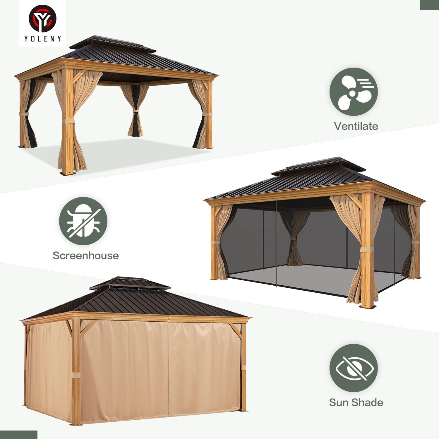 YOLENY 12' x 14' Hardtop Gazebo, Wooden Finish Coated Aluminum Frame Gazebo with Galvanized Steel Double Roof, Outdoor Permanent Metal Pavilion with Curtains and Nettings for Patio, Lawn & Garden