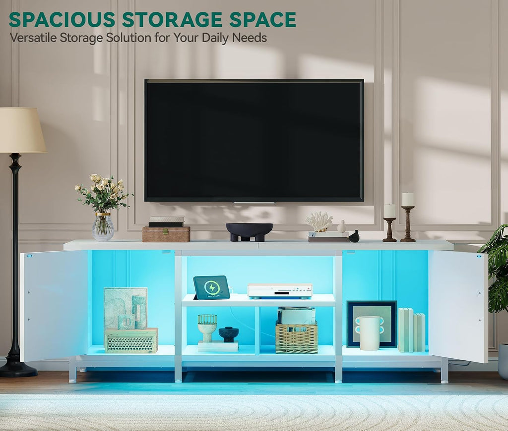 YITAHOME TV Stand with LED Lights & Charging Station, Farmhouse Entertainment Center with Storage Cabinets & Shelves, Cross-Pattern Doors, Fits TVs up to 70'', TV Consoles for Living Room, White