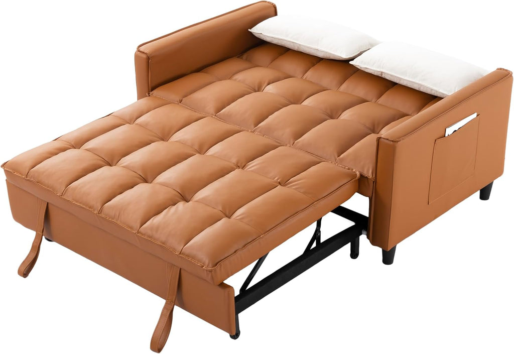 3 in 1 Convertible Sofa Bed, Love Seat Sleeper Bed with Side Pockets, PU Fabric Pull Out Couch with Adjustable Backrest for Living Room, Bedroom, Apartment, Brown
