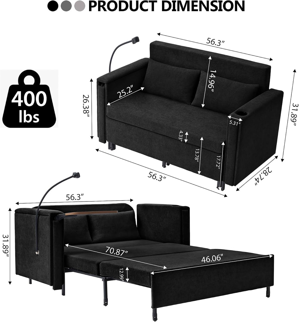 3-in-1 Convertible Sleeper Sofa Couch with Pullout Bed, Loveseat Sleeper Sofa Bed with Hidden Side Table, 56' Full Size Folding Futon Couch for Living Room Guest Room Apartment Home Office (Black)