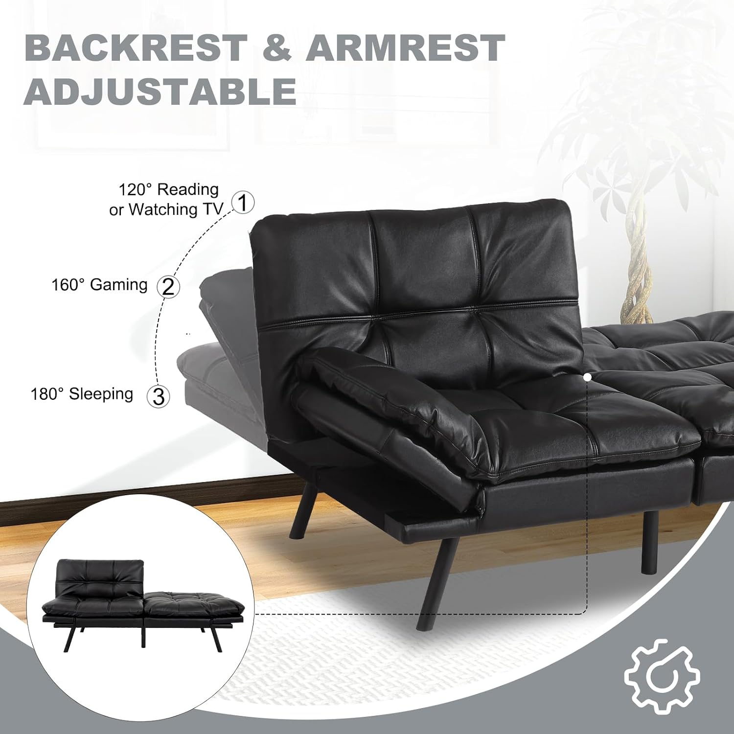 MUUEGM Futon Sofa Bed Convertible Couch,Memory Foam Futon Sofa Couch,Sleeper Futons Sofa Couches,Small Splitback Modern Loveseat Sofa Bed for Living Room,Office,Apartment,Faux Leather,Matte Black.