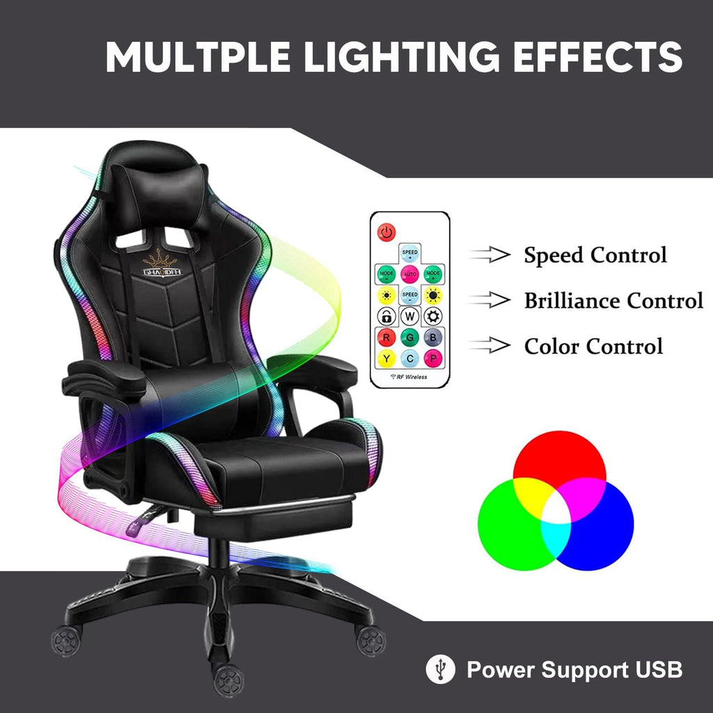 LED Gaming Chair Ergonomic Massage Racing Computer Chairs High Back Video Game Chairs with Speakers PU Leather with Footrest Headrest Lumbar Support Office Desk Chair for Adults Teens,Pink