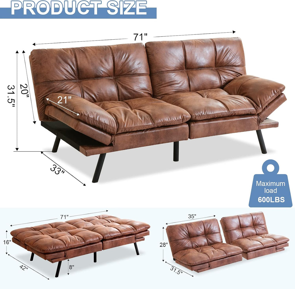 MUUEGM Convertible Futon Sofa Bed, Couch Sleeper Foldable, Loveseat Modern PU Leather and Memory Foam with Armrests&Backrest Adjustable, Recliner Lounge for Living Room, Small Space, Brown
