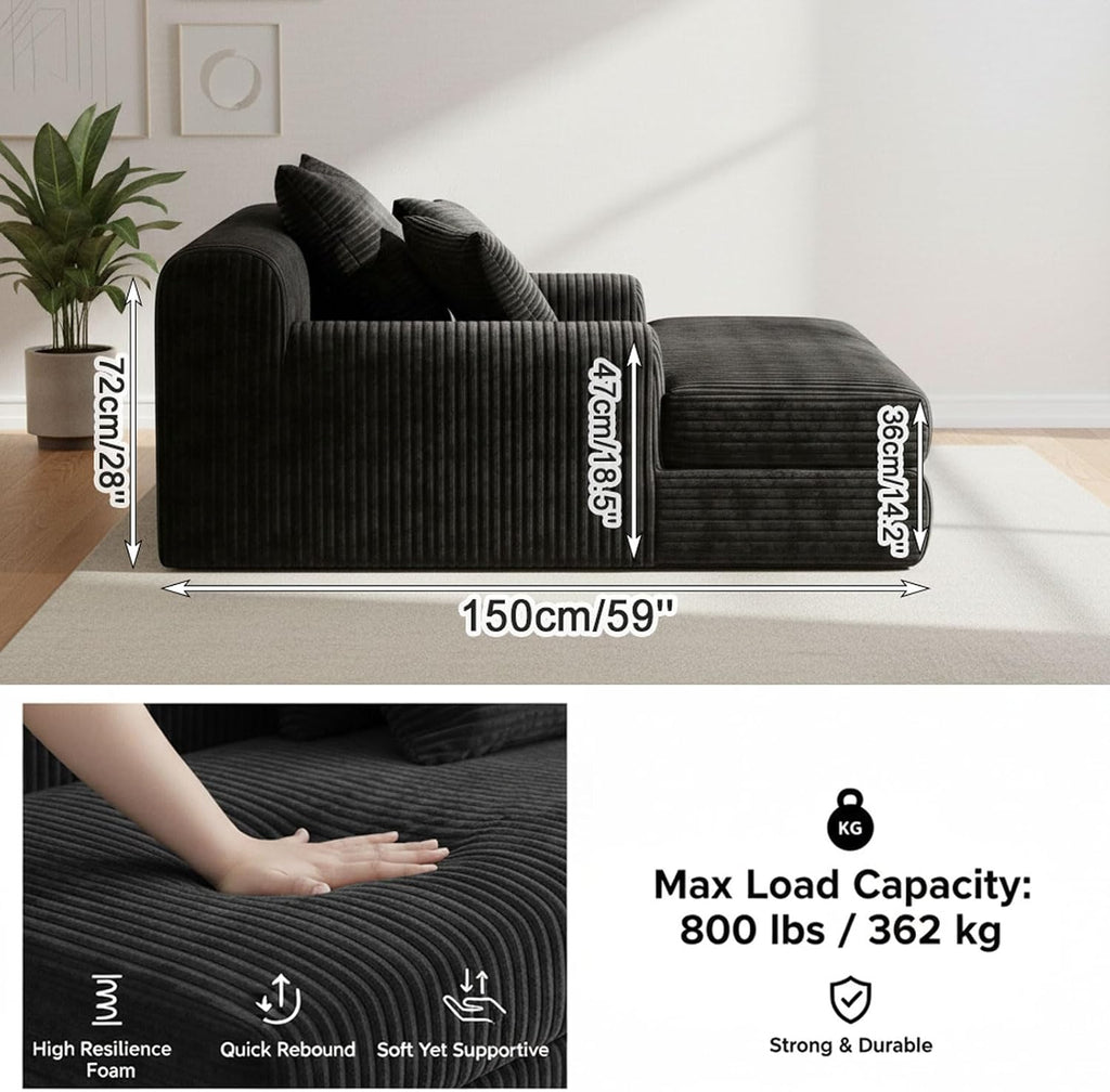 59' Oversized Chaise Lounge Chair Indoor, Comfy Corduroy Upholstered Sleeper Sofa Bed, Boneless Deep Seat Lounge Couch with Throw Pillows and Armrests, Modern Sofa for Living Room Bedroom,Black