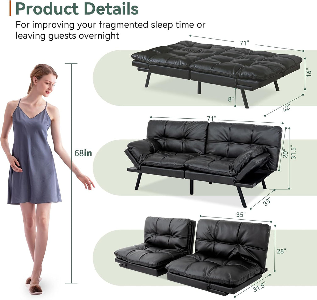 Opoiar 71' L Covertible Futon Sofa Bed,Faux Leather Futon Couch, Memory Foam Modern Loveseat Sleeper, Small Splitback Sofa Couches for Living Room,RV,Home Office,Apartment,Matte Black