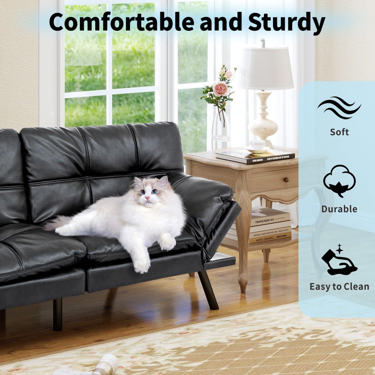 MUUEGM 71' Convertible Futon Sofa Bed, Upholstered Small Futon Couches with Adjustable Backrest, Loveseat Sleeper Bed for Compact Living Room Studio Office (Black)