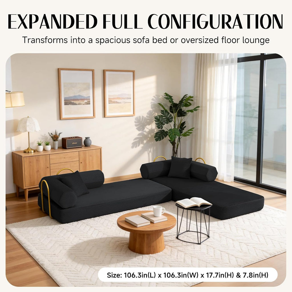 79' Corduroy Sofa Bed, Boneless Couch in a Box with 2 Pillows, High-Density Foam 4-in-1 Foldable Sleeper Futon Loveseat for Small Spaces, No Assembly, Side Pockets, Hex Arm Black