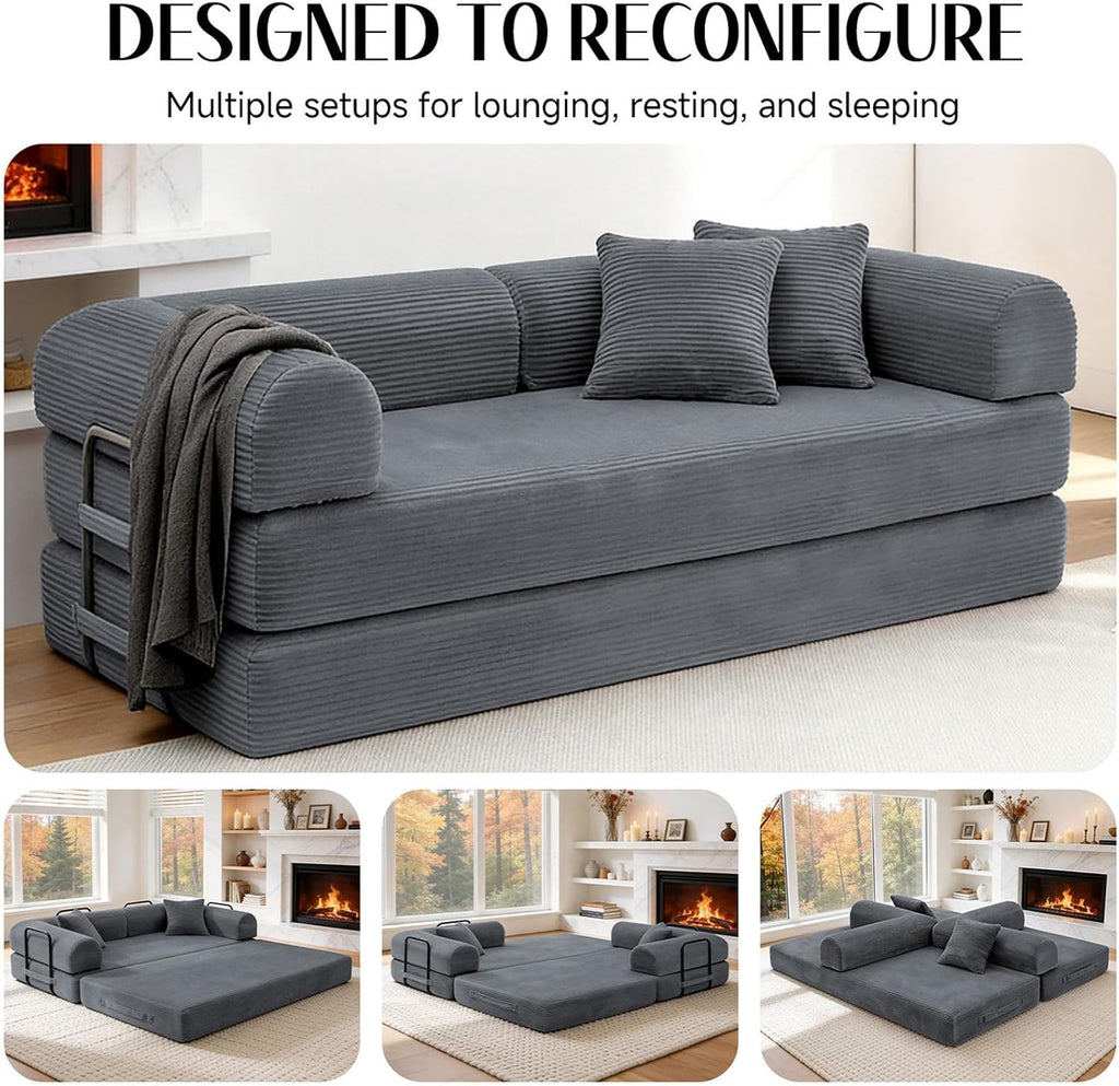79'' Convertible Sofa Bed, Boneless Couch-in-a-Box, Corduroy Floor Futon Loveseat Sleeper, 26'' Deep Seat, Removable Machine-Wash Covers, No Assembly, 2 Pillows, Dark Grey