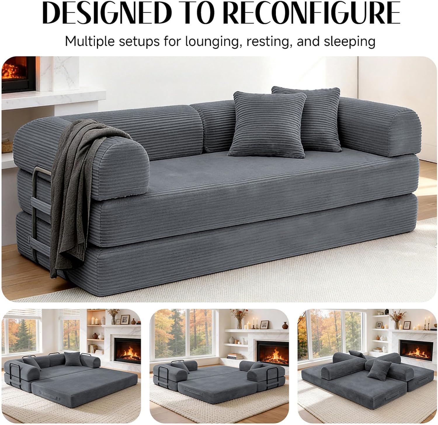 79'' Convertible Sofa Bed, Boneless Couch-in-a-Box, Corduroy Floor Futon Loveseat Sleeper, 26'' Deep Seat, Removable Machine-Wash Covers, No Assembly, 2 Pillows, Dark Grey