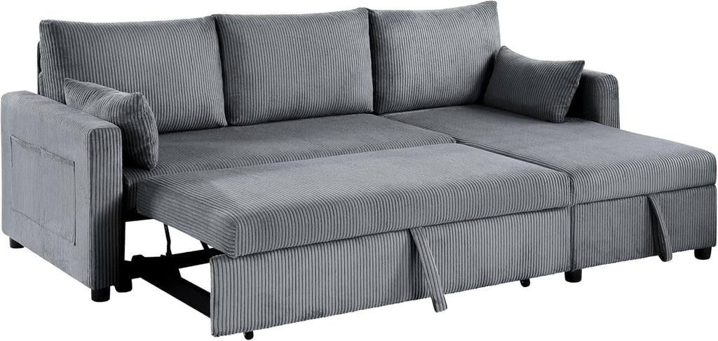 Queen Sleeper Sofa, Convertible Sofa Bed with Storage, 85 Inch Sectional Couch with Pull Out Bed, L Shaped 3 Seat Sectional Sleeper Sofa for Living Room, Apartment, Grey