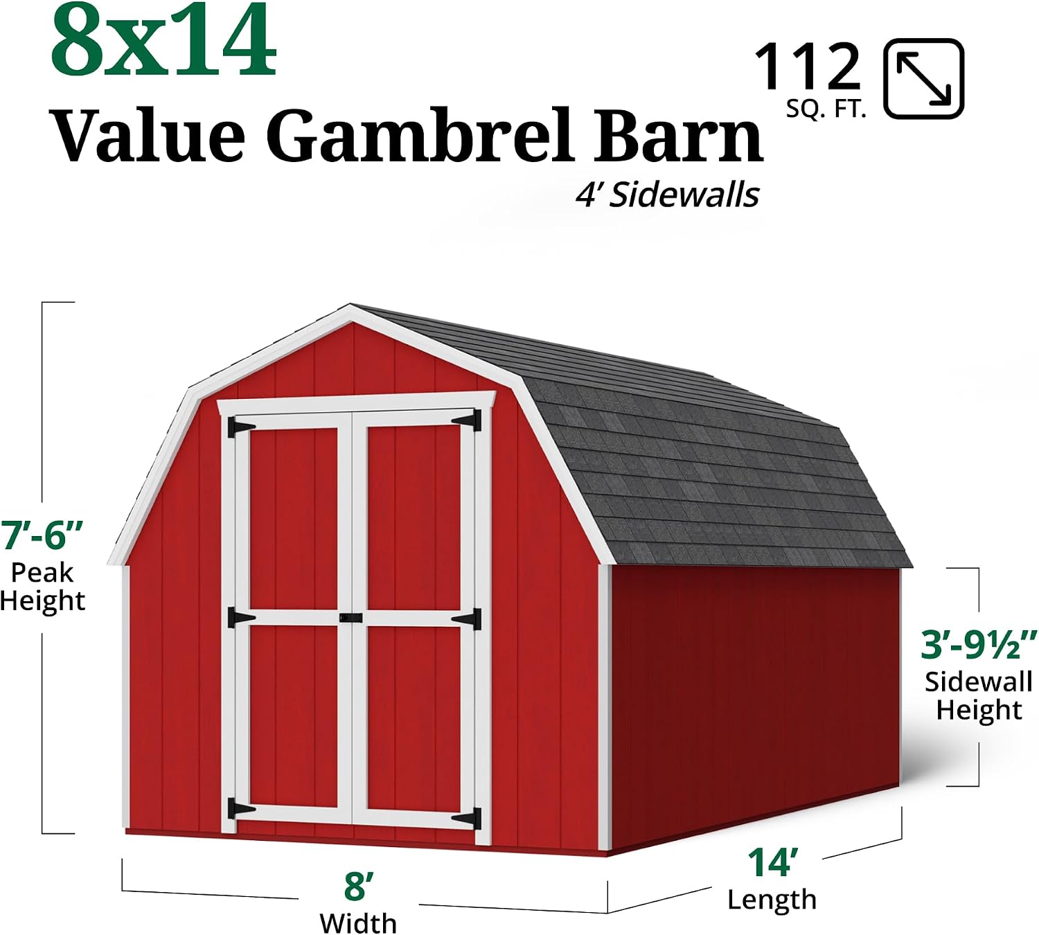Little Cottage Co. 8x14 Value Gambrel Barn with 4 ft. Sidewalls with Floor, Outdoor Wood Storage Shed Do-It-Yourself Precut Kit