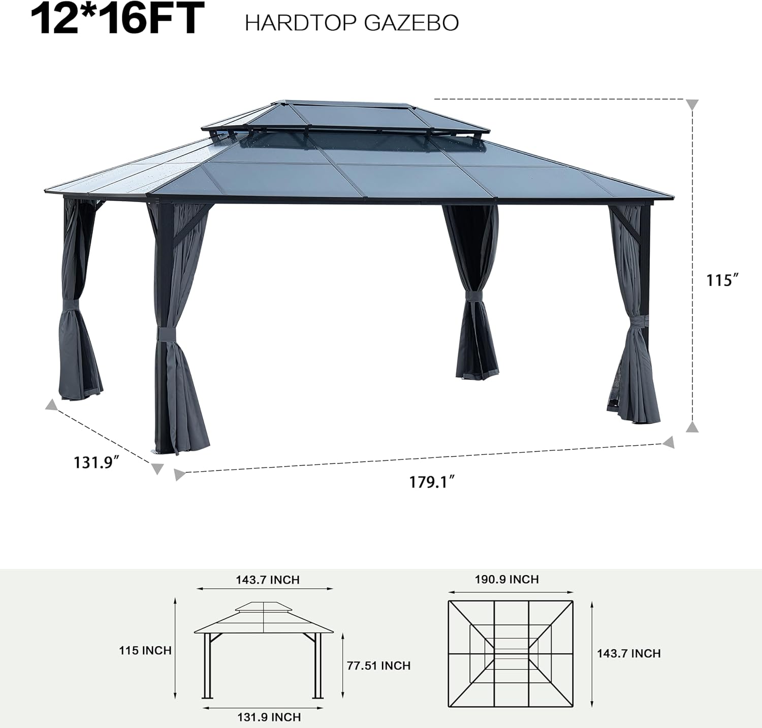 GOWE 12' x 16' Gazebo Polycarbonate Double Roof Canopy Outdoor Aluminum Frame Pergola, Permanent Pavilion with Netting and Curtains for Garden Patio Lawns Parties