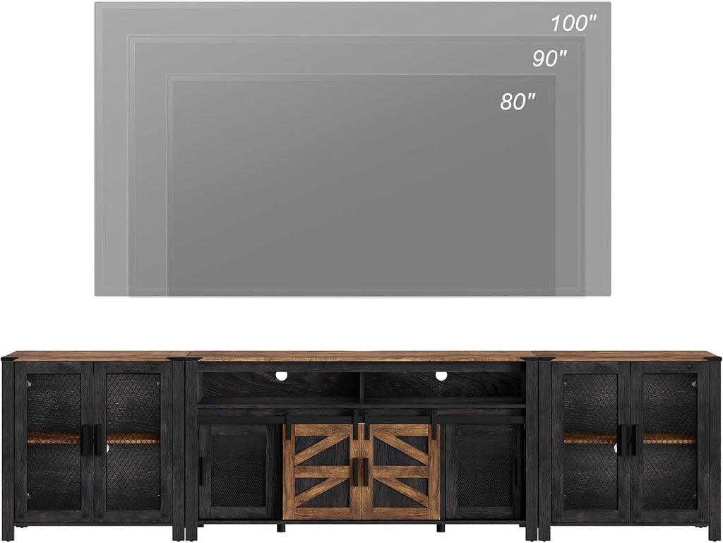 WAMPAT TV Stand Set for 100 inch TV,Door Storage Cabinet with Mesh for Living Room,Farmhouse Storage Units with Open and Adjustable Shelf,Antique White, Dark Walnut and Black