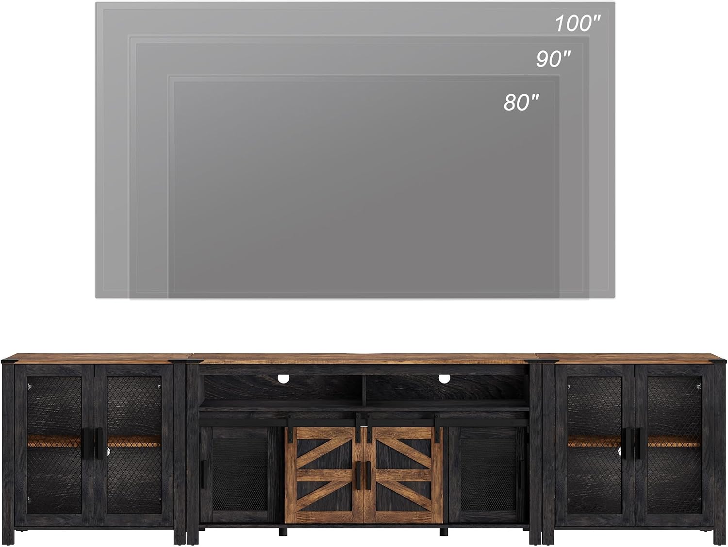 WAMPAT TV Stand Set for 100 inch TV,Door Storage Cabinet with Mesh for Living Room,Farmhouse Storage Units with Open and Adjustable Shelf,Antique White, Dark Walnut and Black