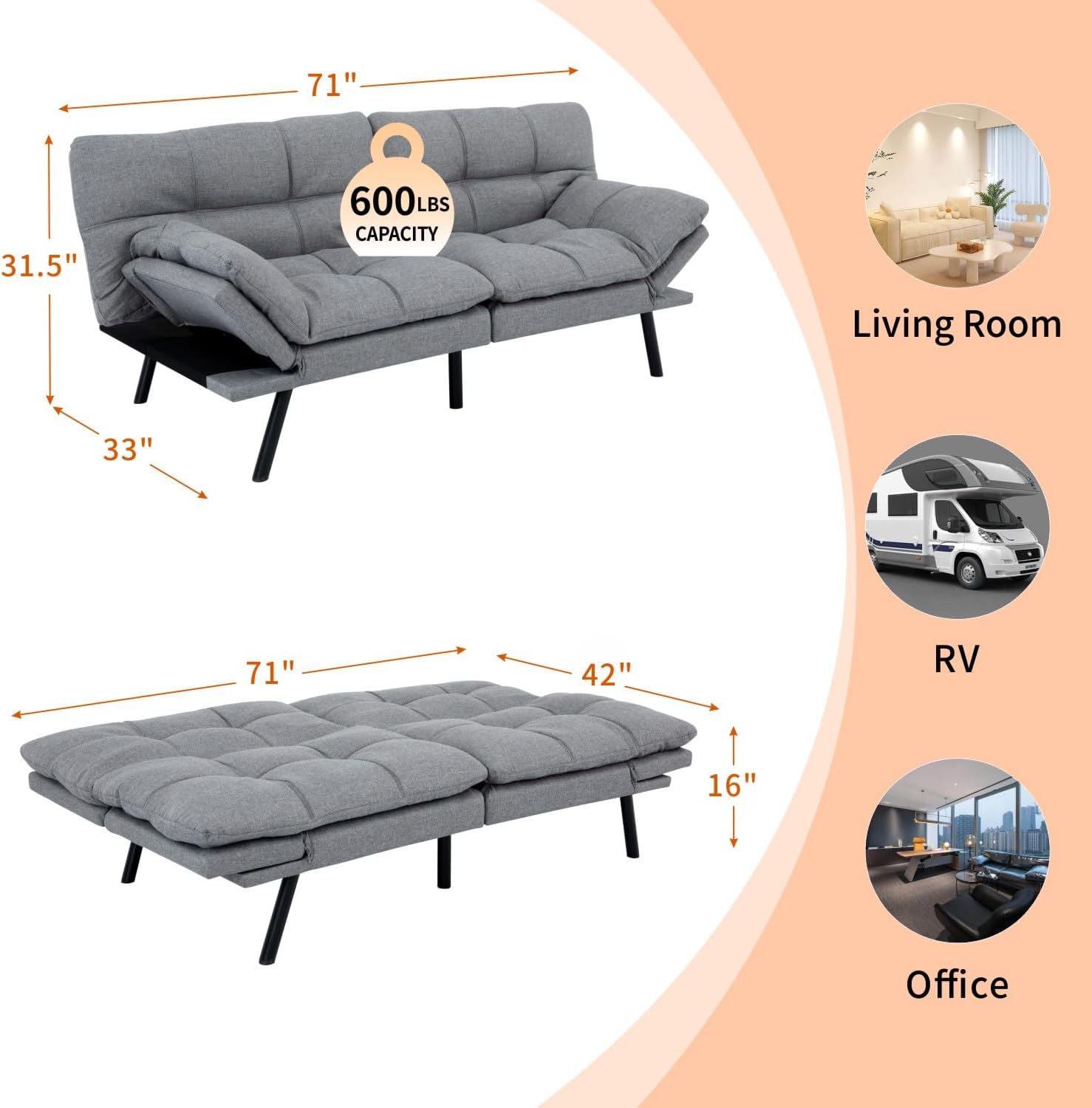 MUUEGM Futon Sofa Bed 71' Ash Convertible Memory Foam Futon Couch Bed Modern Loveseat Sleeper with Adjustable Backrests Armrests for Living Room,Small Space,Office