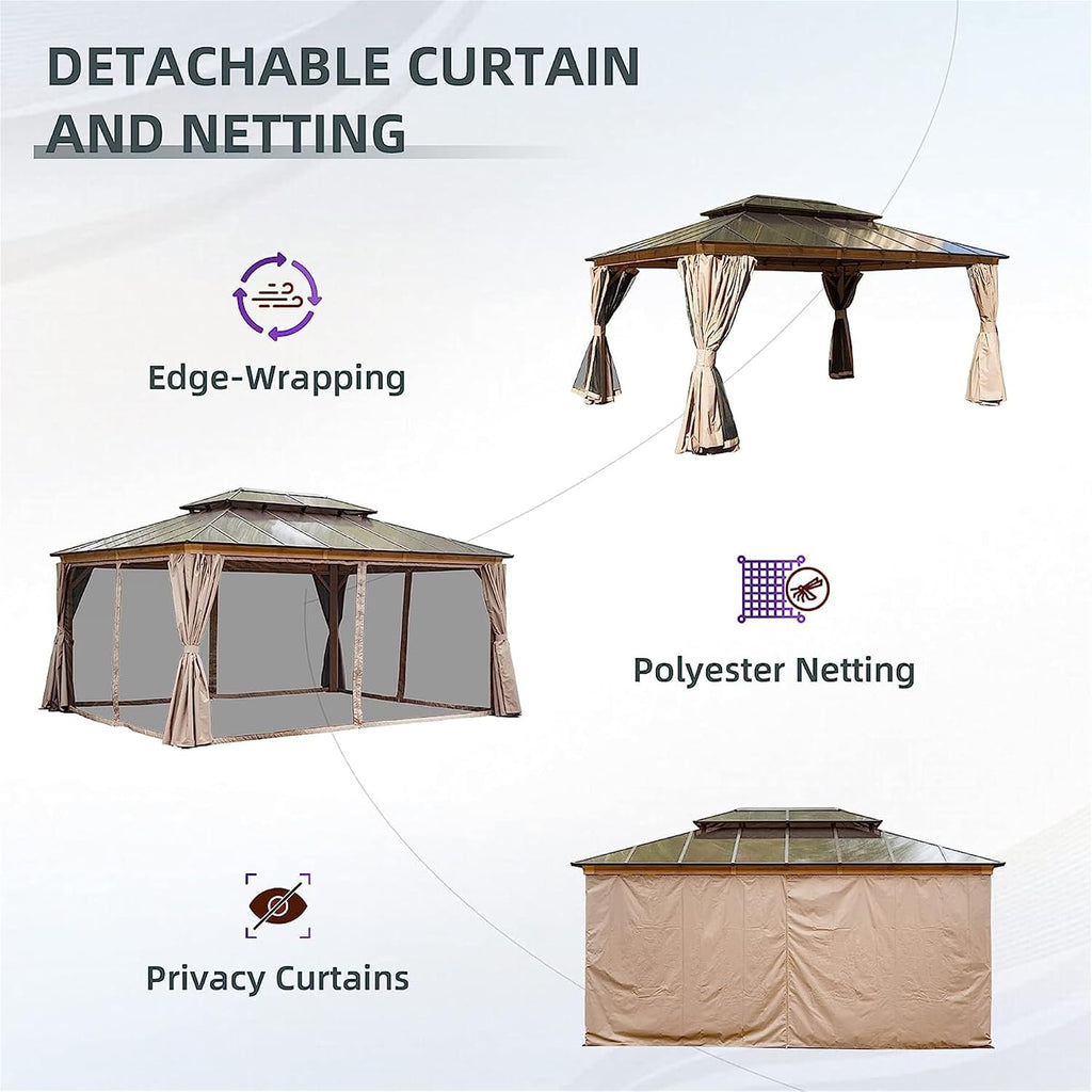 12x16ft Hardtop Gazebo, Permanent Outdoor Gazebo with Polycarbonate Double Roof, Aluminum Gazebo Pavilion with Curtain and Net for Garden, Patio, Lawns, Deck, Backyard (Wood Looking)