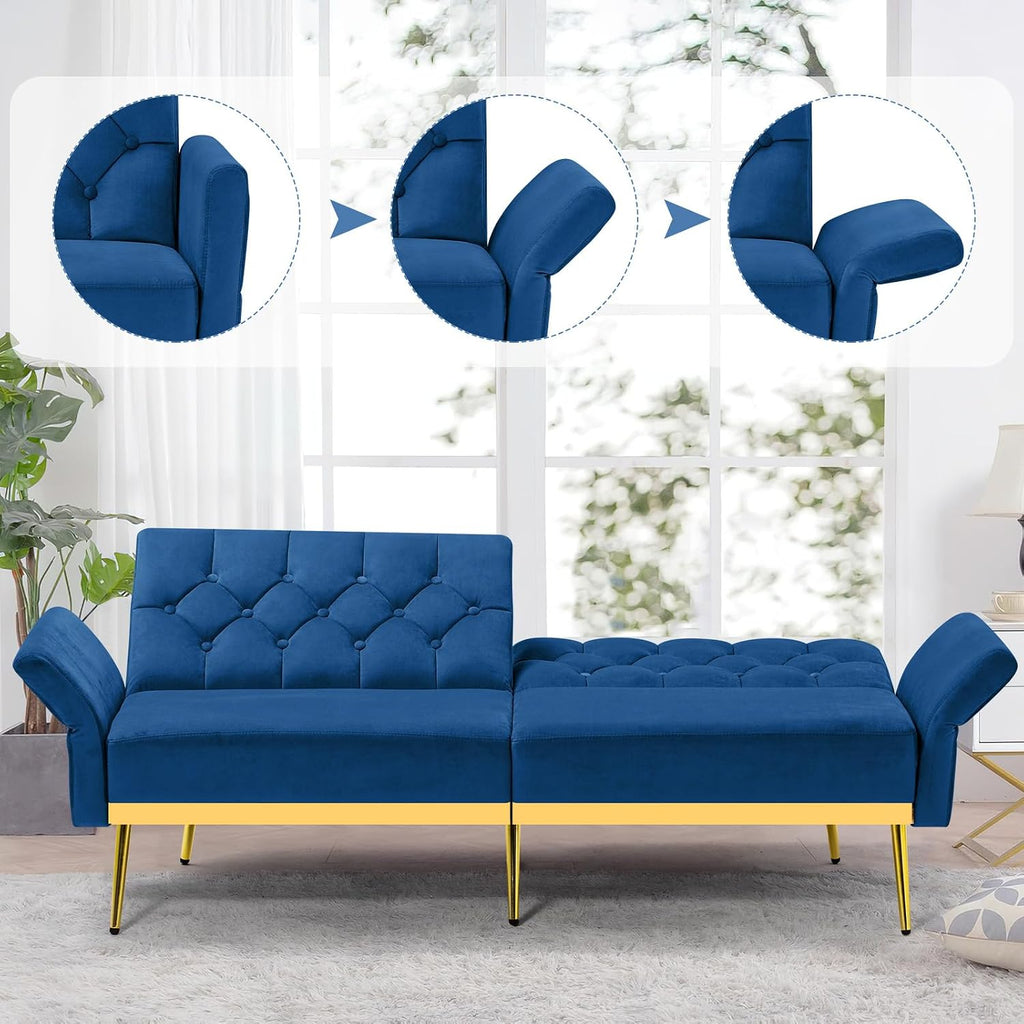 2 Pieces Velvet Sofa Set w/Adjustable Armrests and Backrests, Tufted Accent Chair w/Ottoman, Convertible Futon Sofa Bed for Bedroom, Living Room, Apartment, Blue