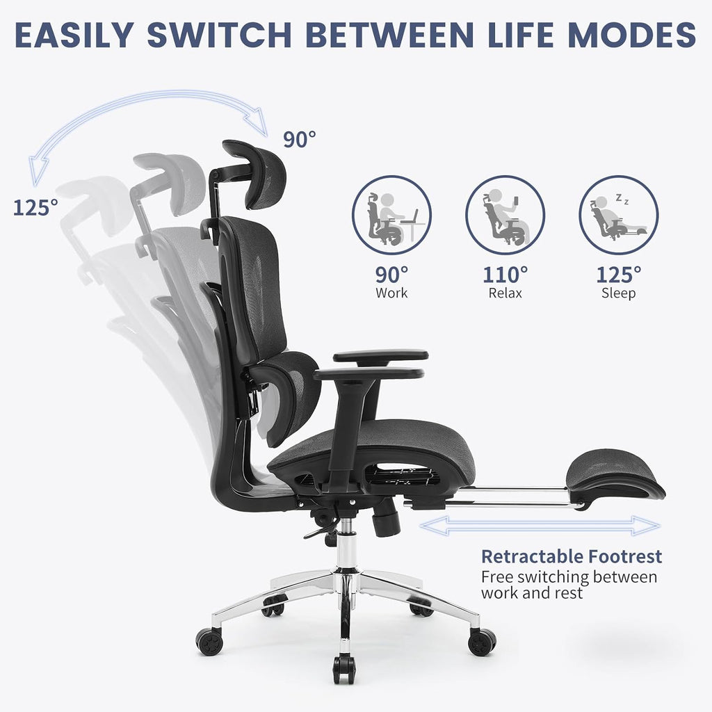 Ergonomic High Back Mesh Reclining Office Chair with Footrest, Dynamic Lumbar Support - Swivel Task Chair for Home & Gaming, Black