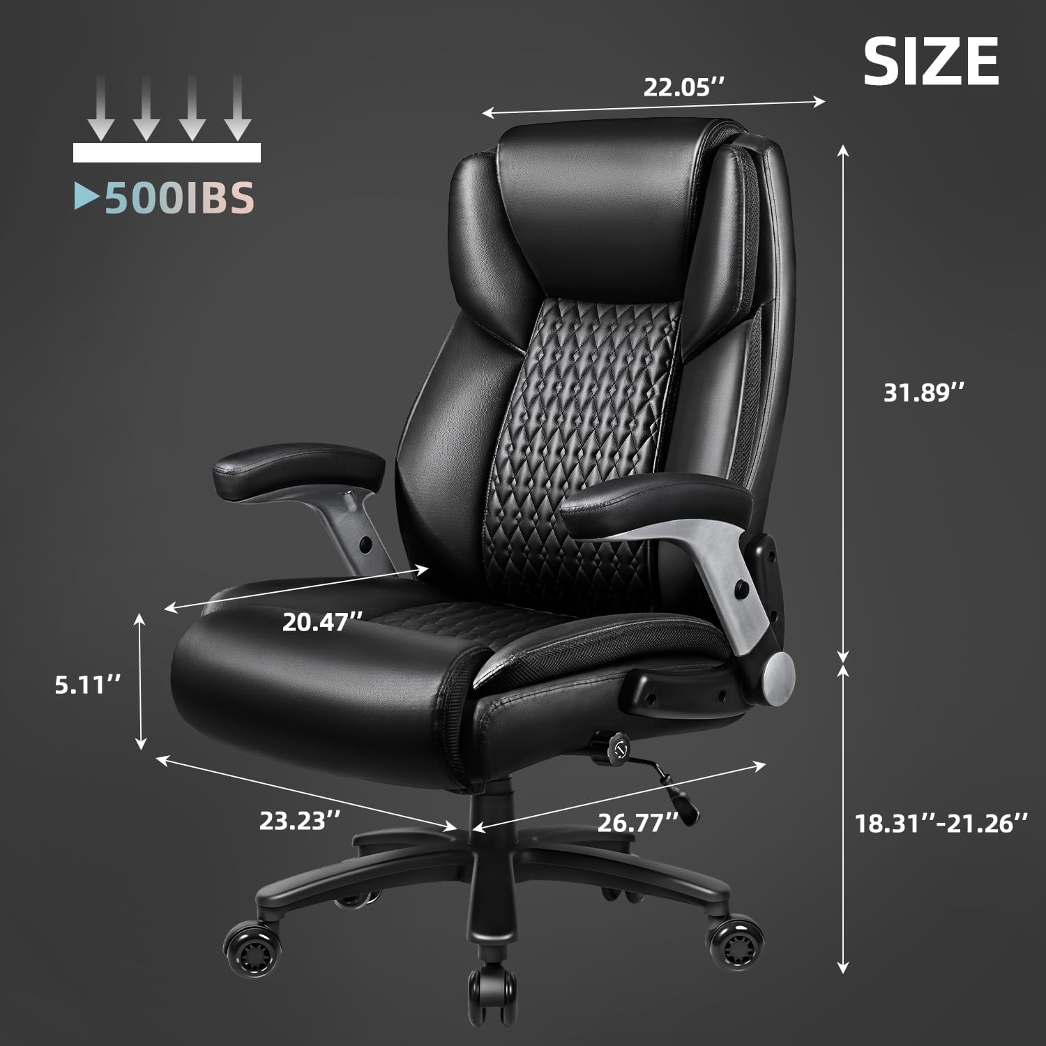 VITESSE 600lbs Big and Tall Office Chair with Flip up Armrest, Large Heavy Duty with Ergonomic Lumbar Support, Executive Office Chair for Heavy People with Quiet Rubber Wheel(Black)