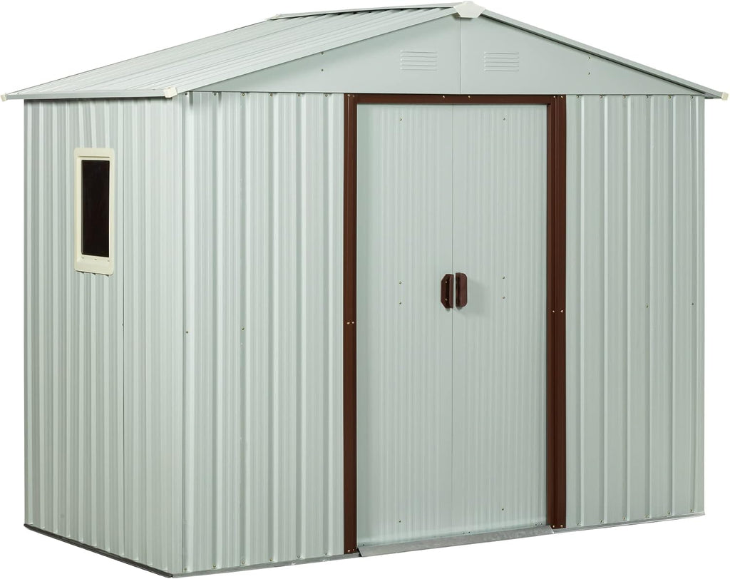 BNSPLY 6x5 FT Outdoor Storage Shed, Metal Garden Shed with Floor Frame, Tool Shed Outdoor Storage with Lockable Sliding Doors & Window & Air Vents, Storage House Waterproof for Backyard, Lawn, White