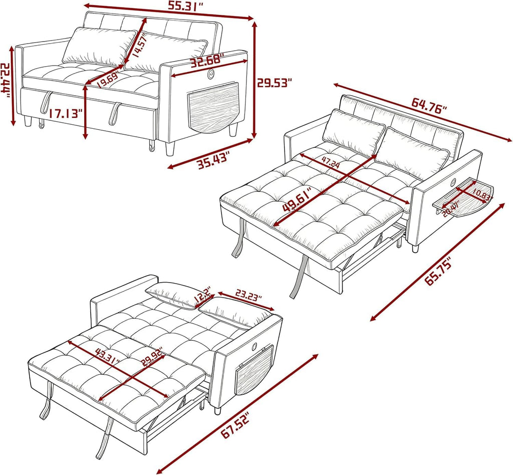 4 in 1 Convertible Sofa Bed, Pull Out Couch with Adjustable Backrest, Loveseat Sleeper Sofa Bed with USB Ports and Side Table, Couch Beds for Living Room, Bedroom, Apartment, Gray
