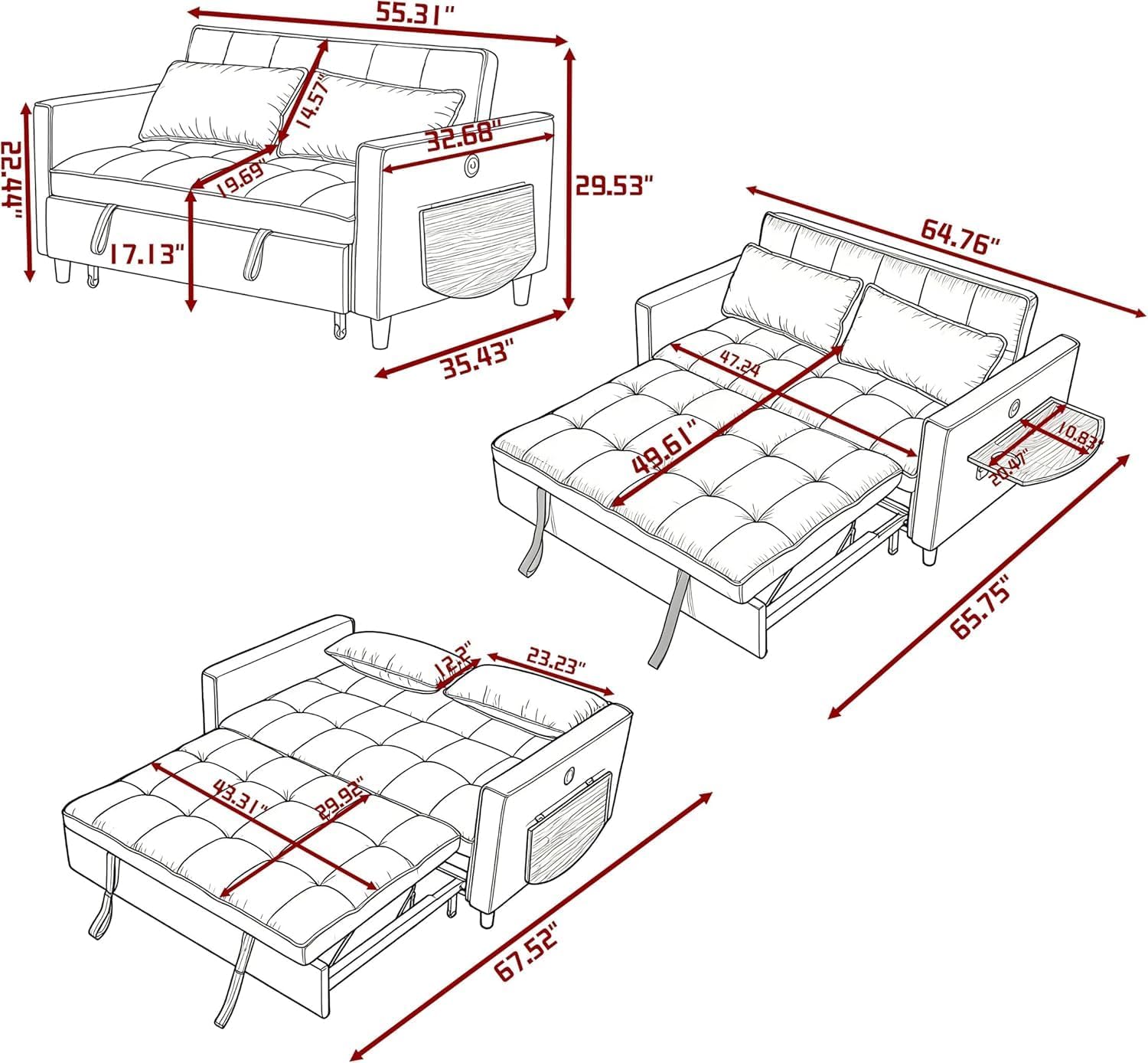 4 in 1 Convertible Sofa Bed, Pull Out Couch with Adjustable Backrest, Loveseat Sleeper Sofa Bed with USB Ports and Side Table, Couch Beds for Living Room, Bedroom, Apartment, Gray