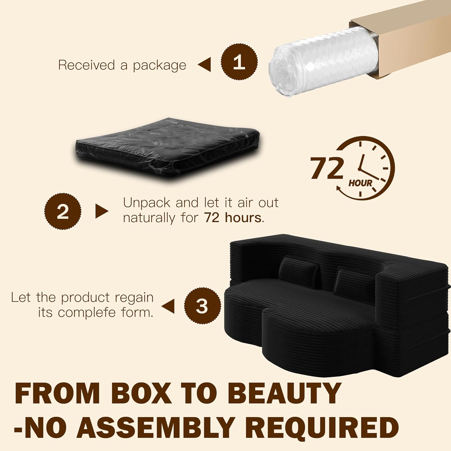 ALAMHI 78' Full Size Floor Sofa, Folding Queen Sleeper Couch, Futon Loveseat Sofa, Plush Corduroy Foam-Filled Sleeper Couch Bed, Fold Mattress Bed for Living Room, Guest Use, Office, Apartment, Black