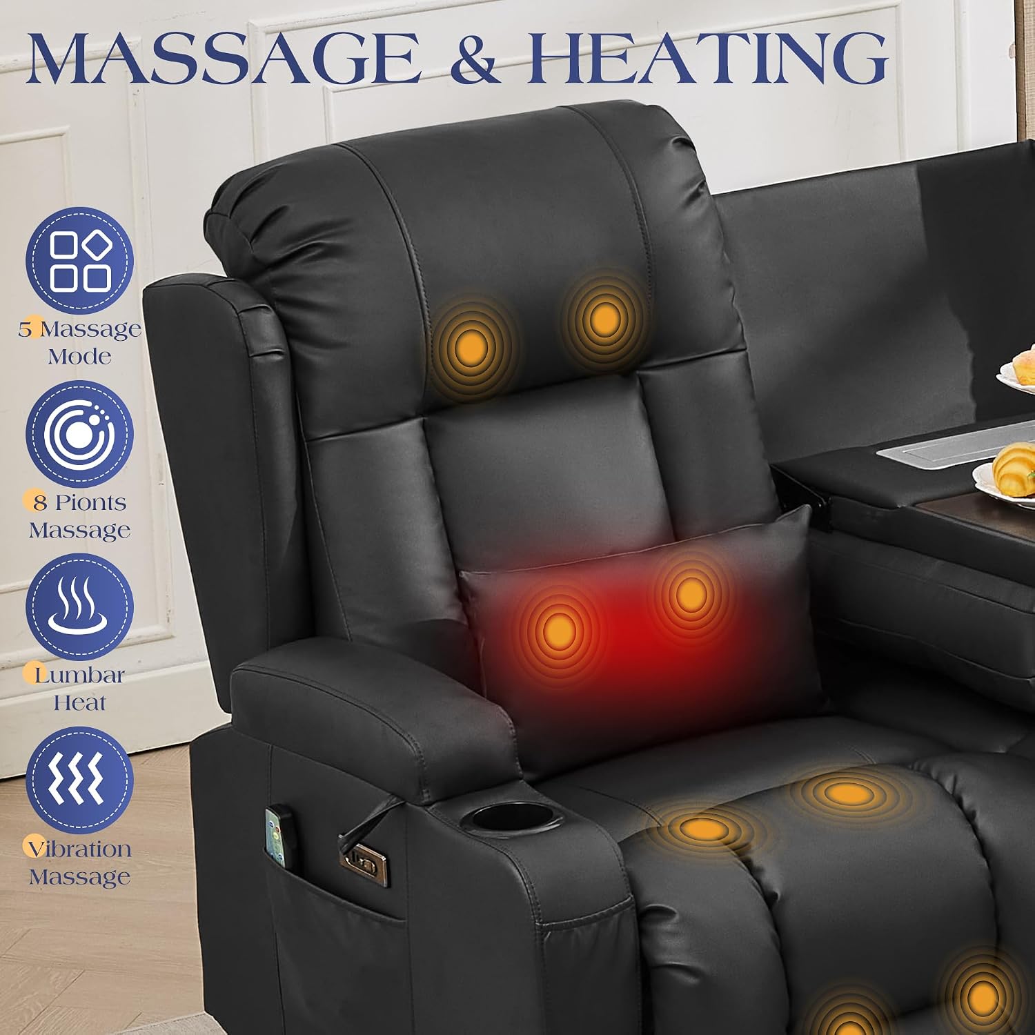 TUNYI Power Loveseat Recliner Sofa with Massage & Heat Home Theater Seating with Console RV Recliner Loveseat Sofa with USB/Storage/Side Pocket/LED Light/Speaker (Black, 4 Seat with Corner)