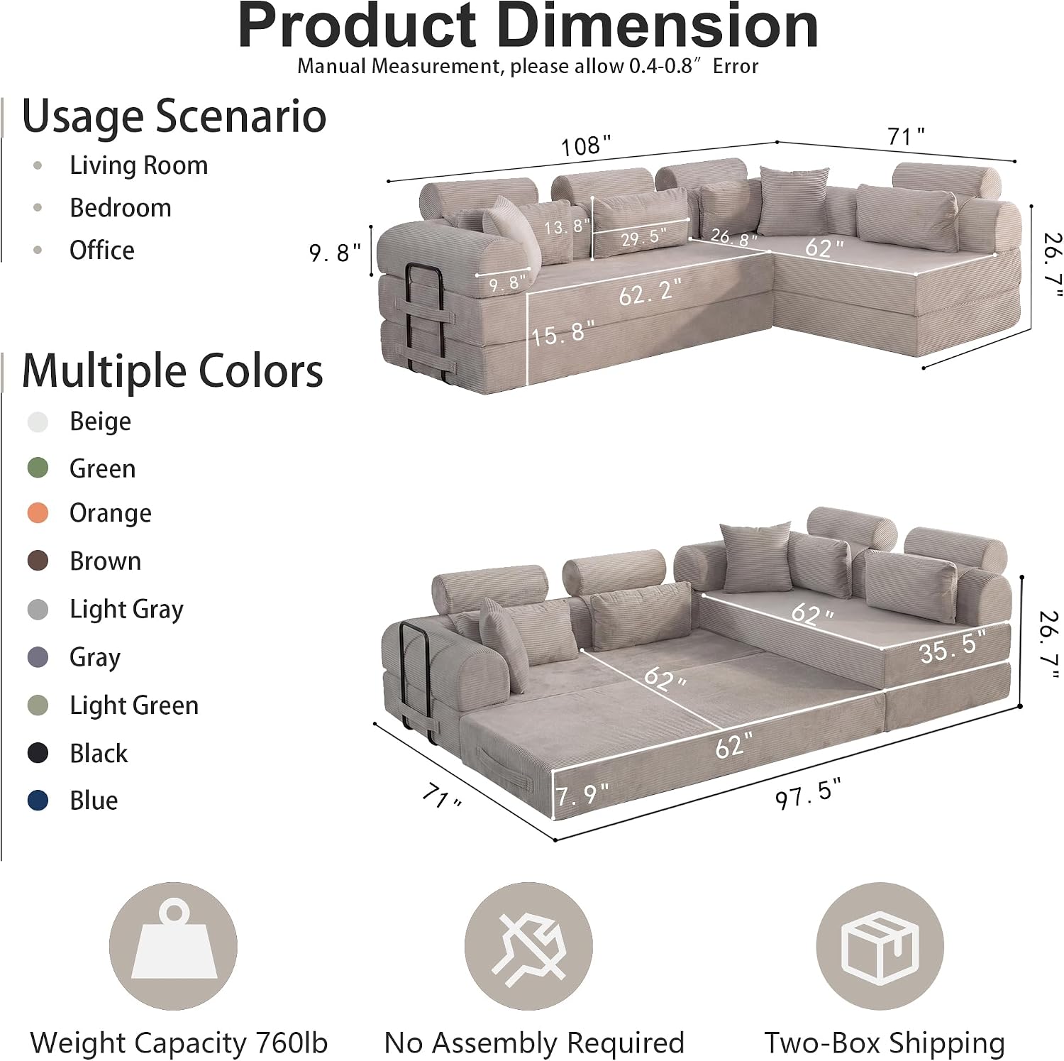 JJJ 108 inch Sofa Bed 4-in-1 Boneless Convertible Corduroy Sleeper Folding L Shaped Couch with Fixed-Shape Frame No Assemble Required 3 Seater Upholstered for Living Room (Light Grey, 108 inch)