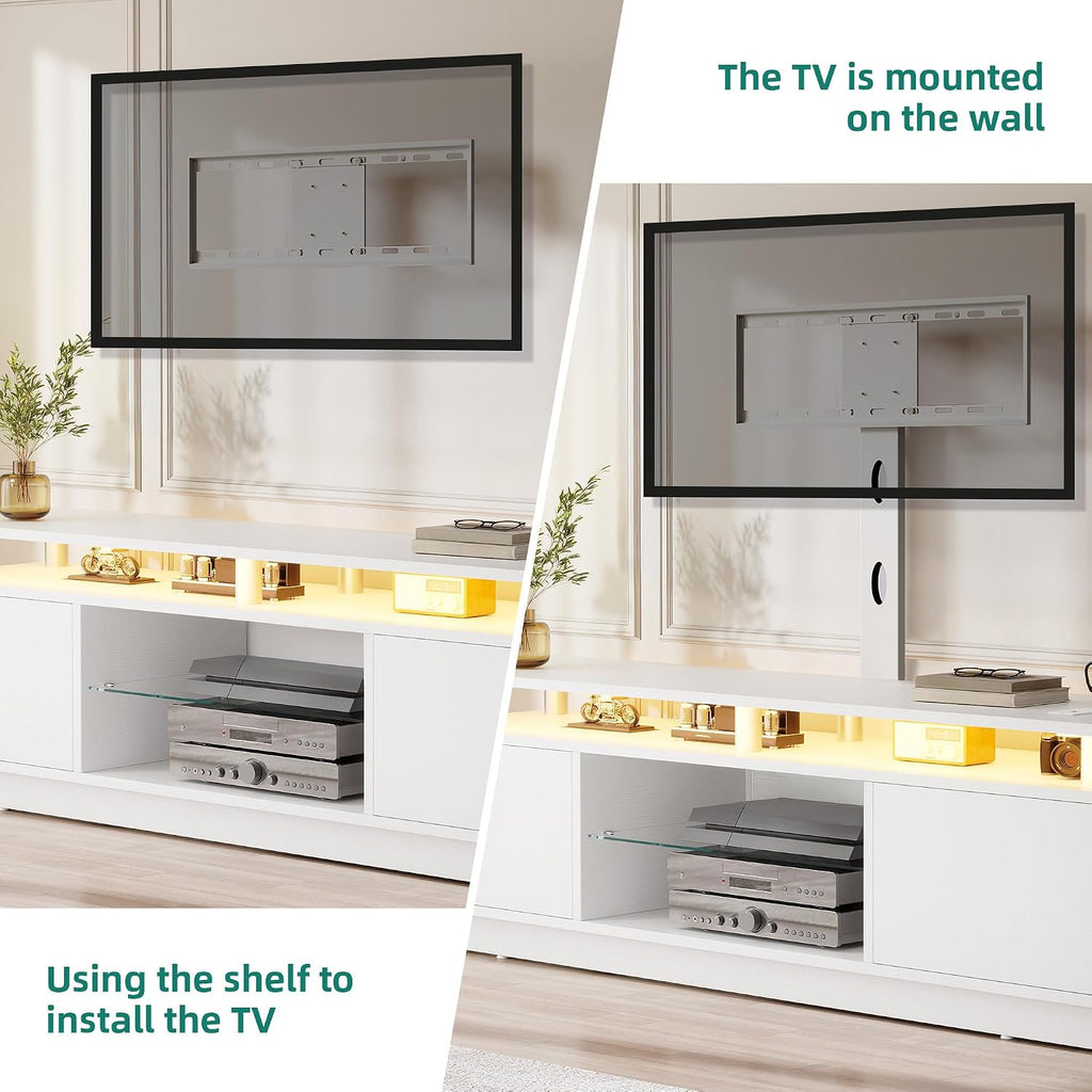 YITAHOME Modern TV Stand with Mount & 2 Doors for 75/70/65 Inch TVs - Built-in Power Outlets, LED Light Strip, Media Console with Storage, Entertainment Center for Living Room, White