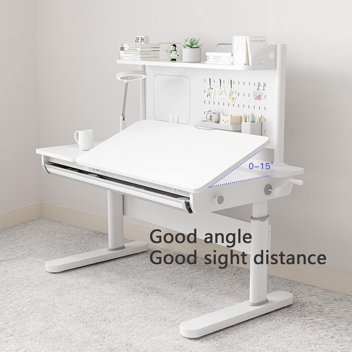 FCD Desk and Chair for Kids, Height Adjustable Wood Children Study Computer Desk with Large Shelf, Tiltable Desktop and Pull-Out Drawer
