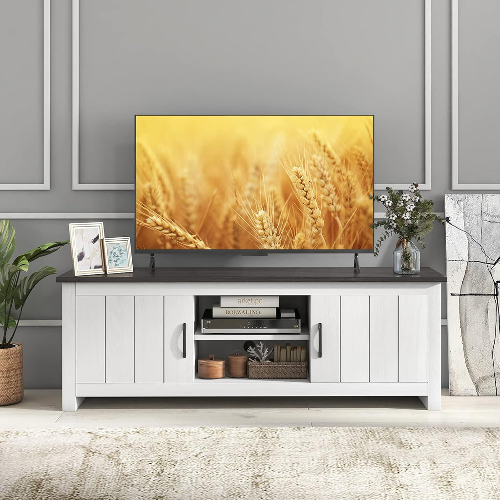 Tangkula 2 Doors TV Stand for TVs up to 65', 57' TV Console Table w/ 2 Cabinets & Open Shelves, Media Entertainment Center w/ 2 Cable Management Holes, Wood TV Cabinet for Living Room (Dark Brown)