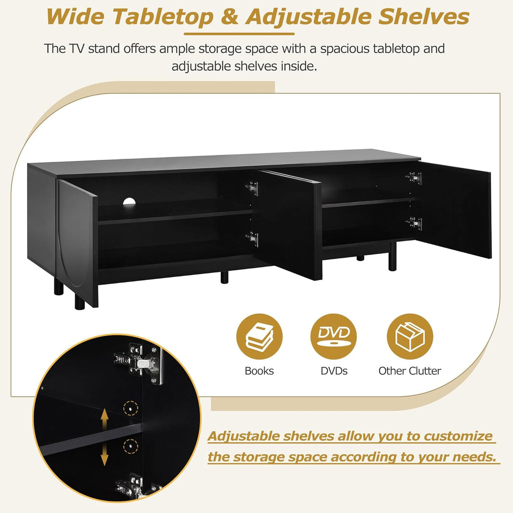 Merax Graceful TV Stand with Arch Cabinets for Televisions Up to 78'', Minimalist Entertainment Center with Solid Wood Legs and Adjustable Shelves, Practical Media Console for Living Room, Black