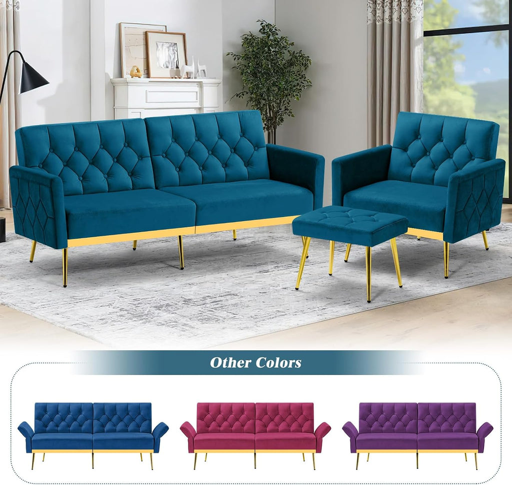 Tufted Velvet Futon Sofa Bed w/Adjustable Armrests & Backrests, Comfortable Sleeper Couch, Modern Convertible Love seat Sofa for Living Room, Bedroom, Apartment, Teal