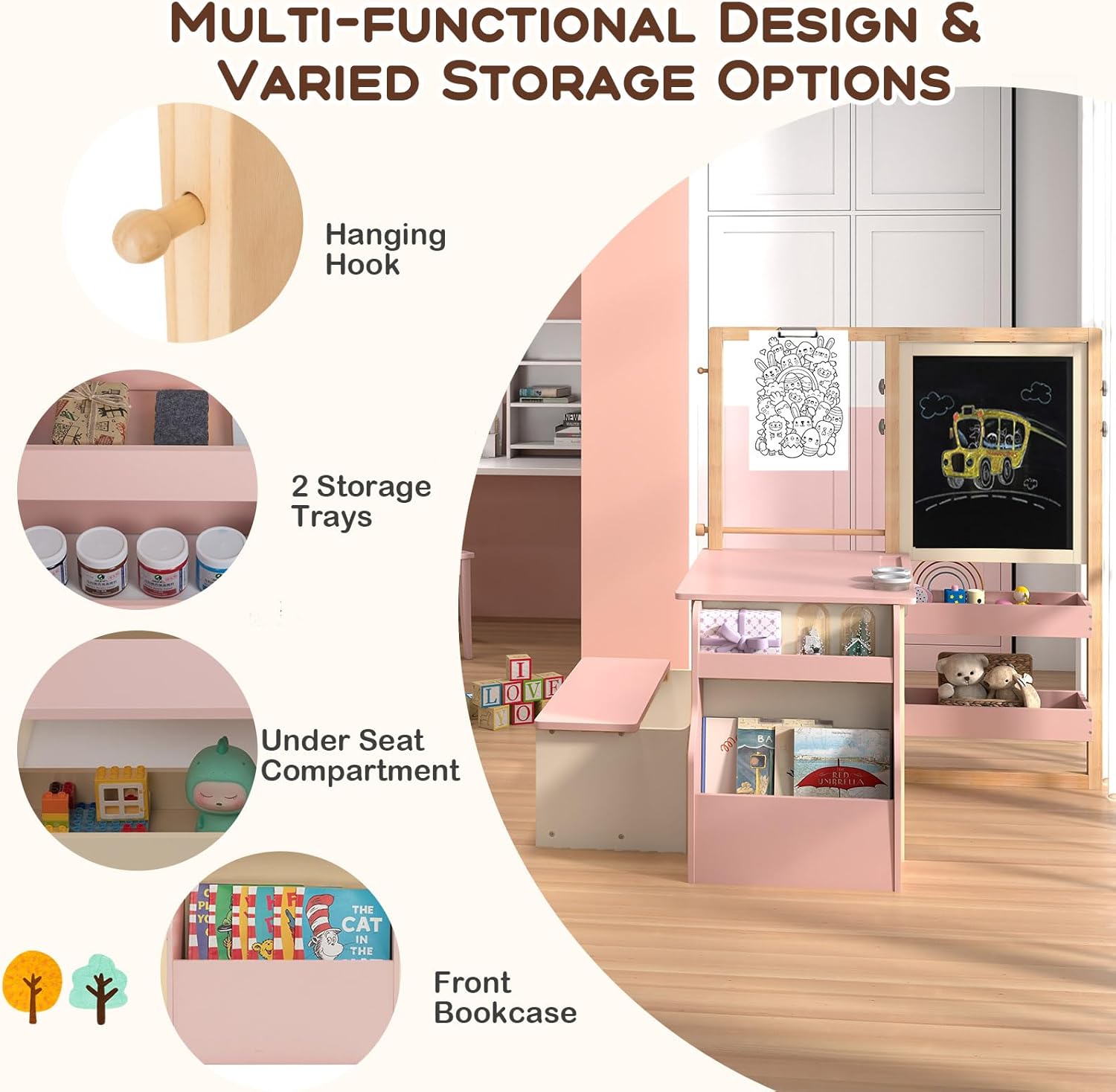 HONEY JOY Kids Art Easel, 6-in-1 Wooden Double-Sided Toddler Table & Chair Set w/Adjustable Magnetic White Board & Chalkboard, Paper Roll, Bookshelf, Storage, Toddler Easel for Kids (Pink)