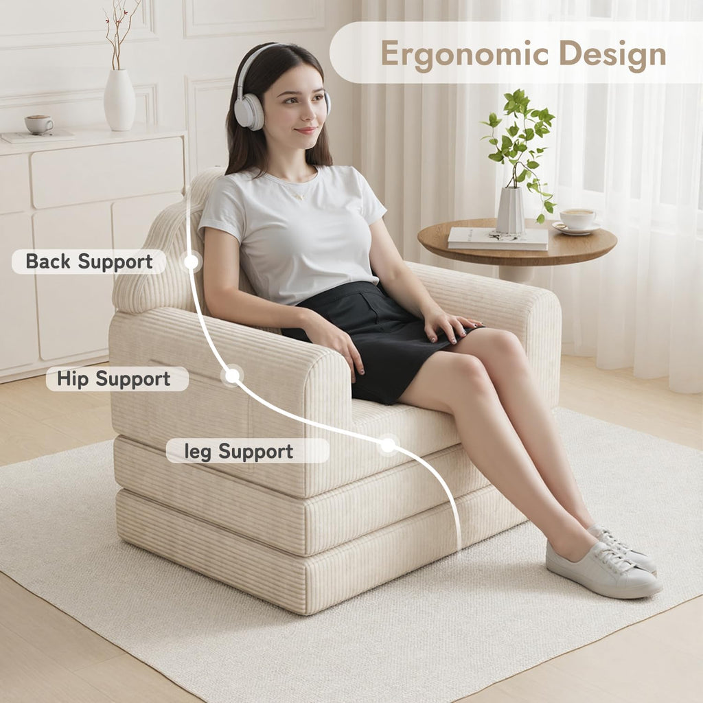 2-in-1 Folding Sofa Bed, 75' D x 34' W Convertible Futon Sleeper Chair for Adult with Extra Back Support, Fold Out Bean Bag Floor Foam Lounger Couch for Living Room Bedroom Small Space, Beige