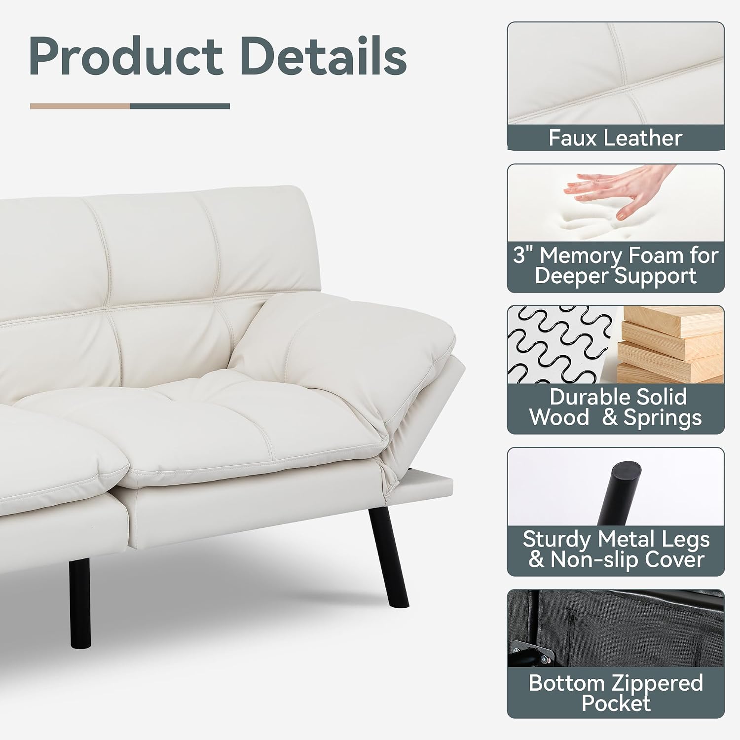 Vyfipt Convertible Futon Sofa Bed, White Faux Leather Futon Couch with Adjustable Backrest & Armrests, Folding Small Recliner Sleeper Sofa Bed for Living Room, Apartment, Office