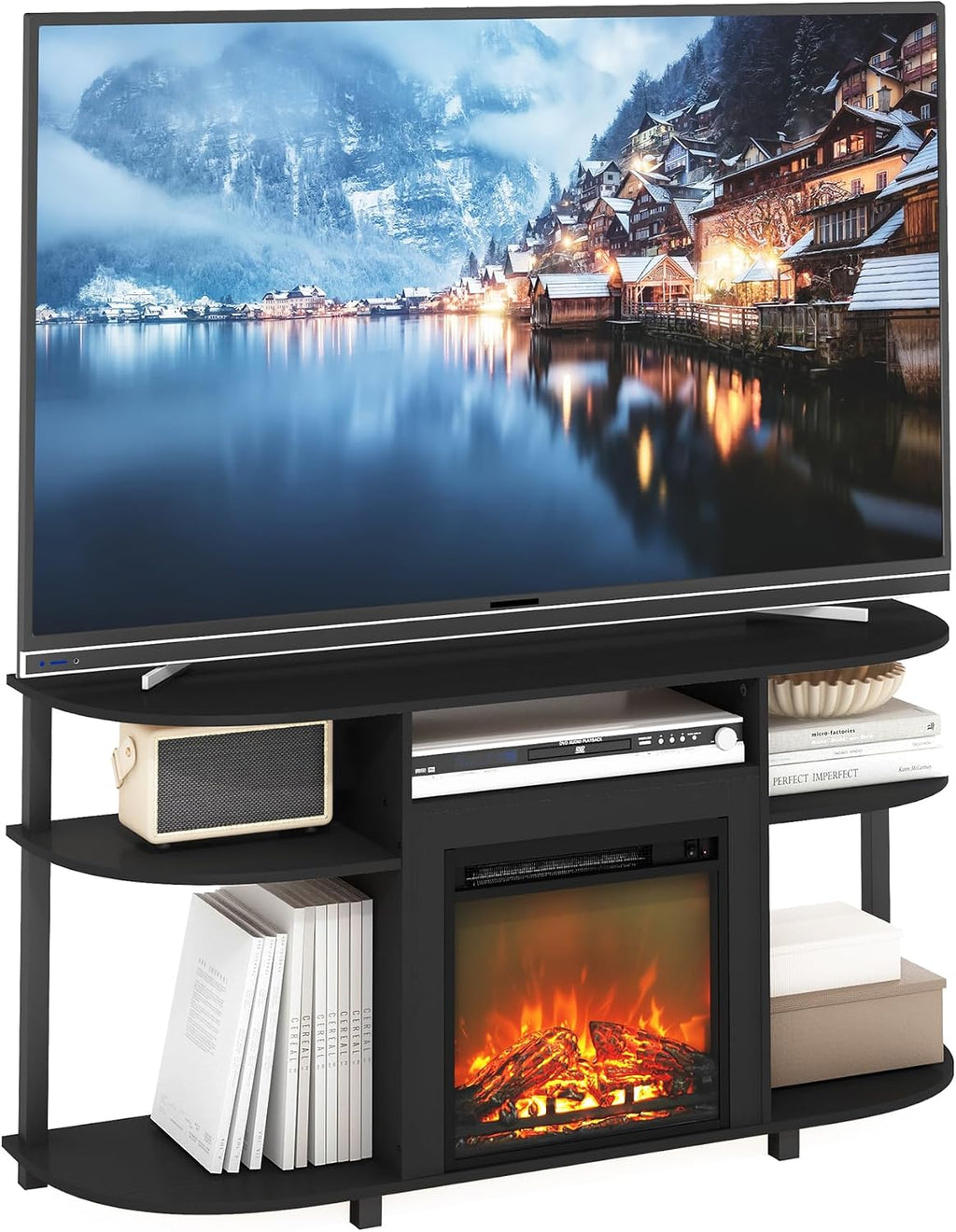 Furinno Jensen Fireplace TV Stand, Curved Entertainment Center, TV Console for TV up to 55 Inch with Fireplace and Open Storage, for Living Room, Bedroom, Americano