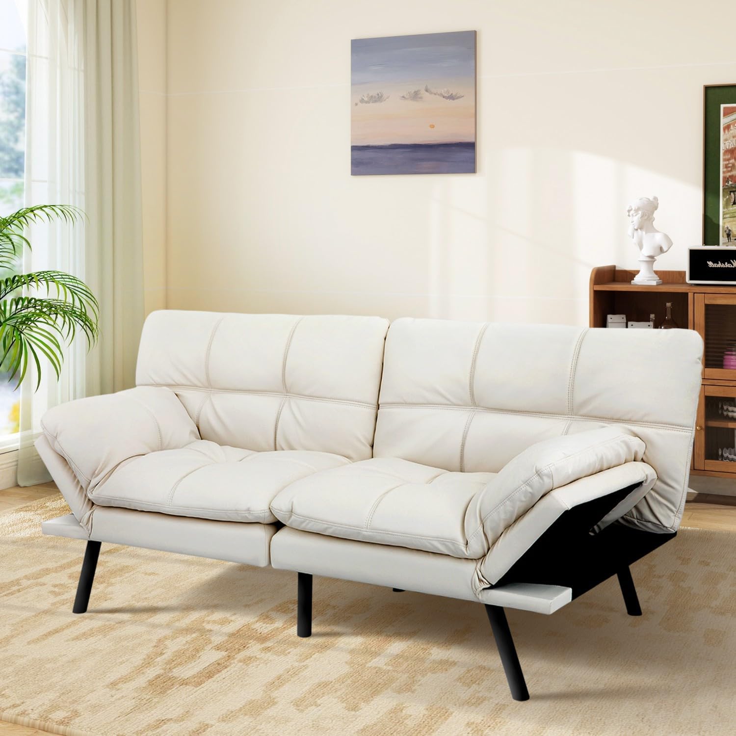 MUUEGM Futon Sofa Bed Memory Foam White Futons Modern Office Couch Sleeper Bed Convertible Love seat Sofa for Small Spaces,Apartment,Office with Adjustable Armrest Backrest